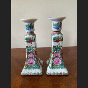 Vintage Canton Rose Hand painted Famille Rose Medalion Candlestick - Pair